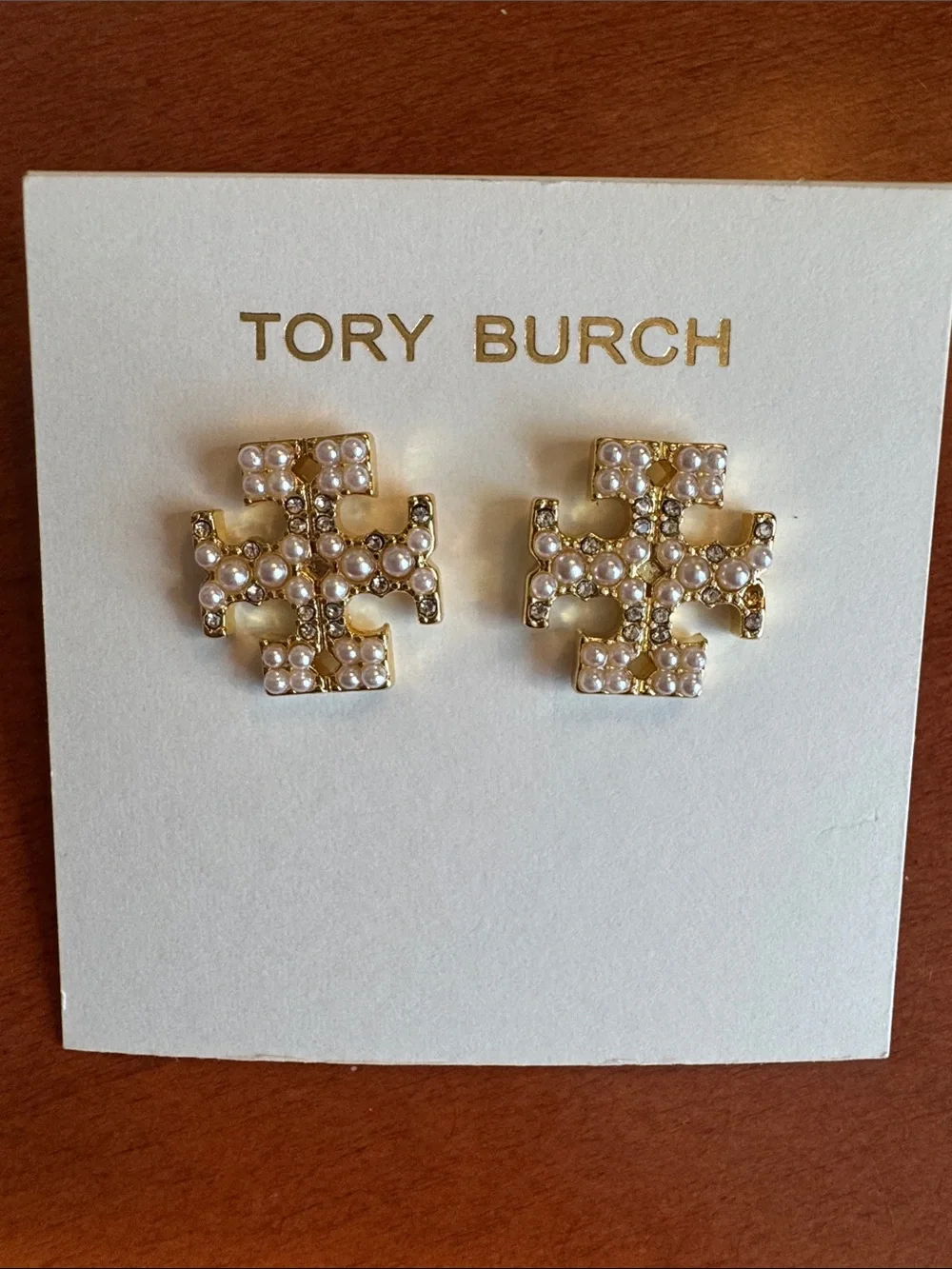 Tory Burch Gold Pearl & Crystal Logo Kira T Stud Earrings NEW $129